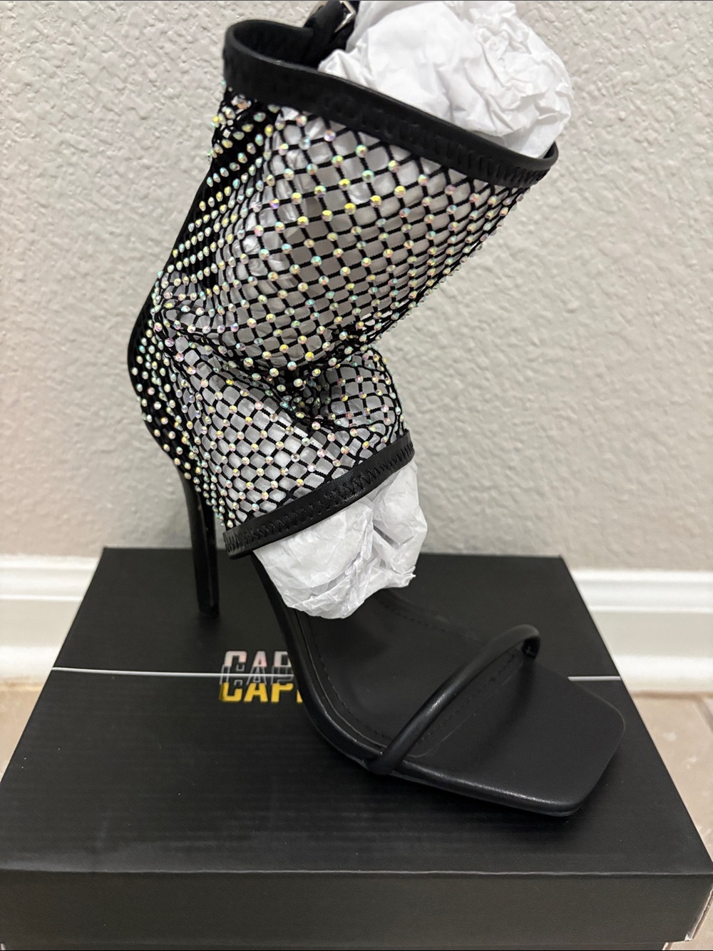 Black Crystal Mesh Stiletto Sandals